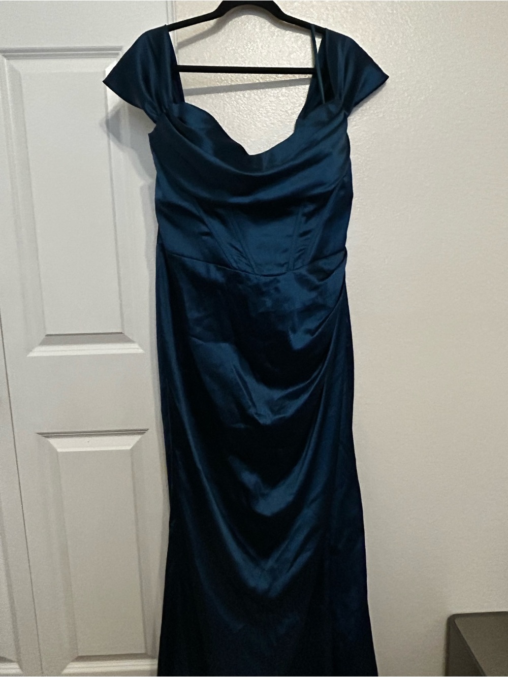 Elegant Satin Cowl Neck Evening Dress in
French navy